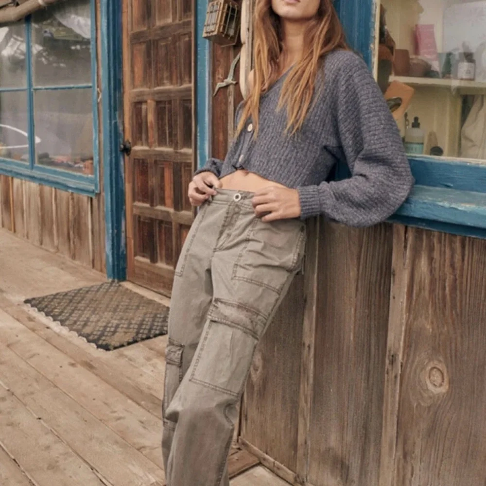 Free People The Thing Is Low-Rise Utility Pants Size 12 Wild Truffle Gray/Green - Picture 3 of 11